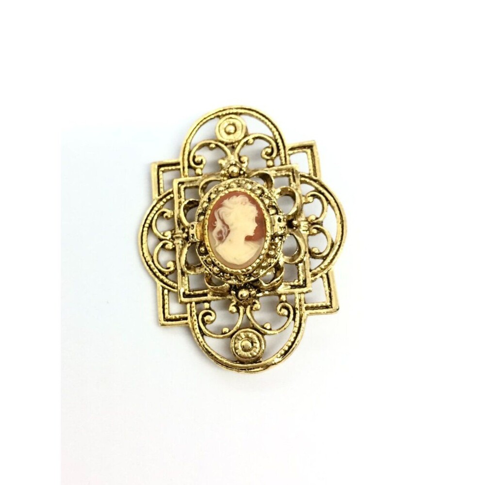 VINTAGE CAMEO BROOCH Gold Tone Filigree Oval Portrait Victorian Revival Pin